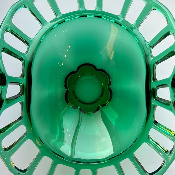 VTG Duncan Miller Emerald Green Art Glass Bowl Oval Folded Lattice Edge 10”L - Picture 1 of 6